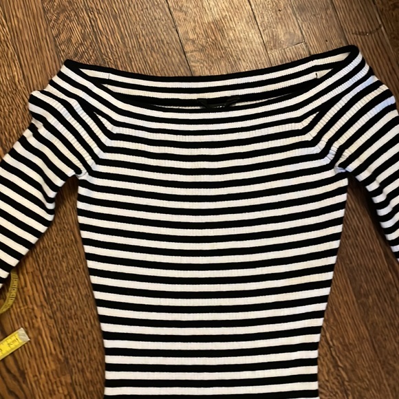 Guess Black and White Striped Long Sleeve Off the Shoulder Dress - Picture 3 of 5